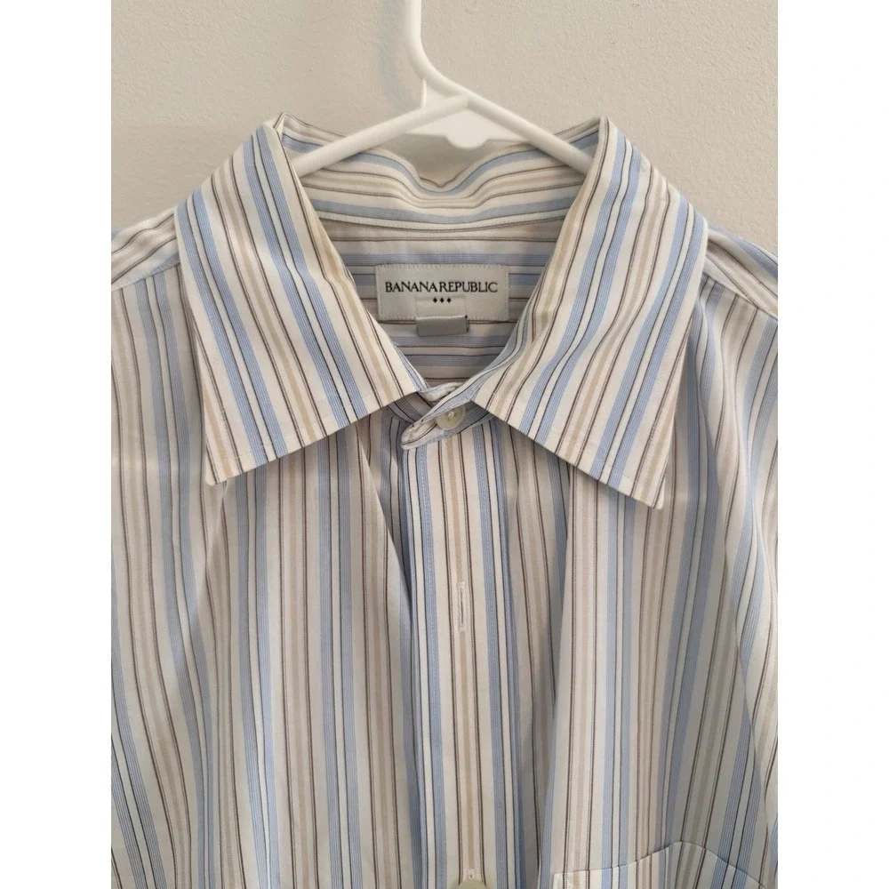 Banana Republic Men's Large 16-16.5 Dress Shirt Blue White Vertical Stripe EUC